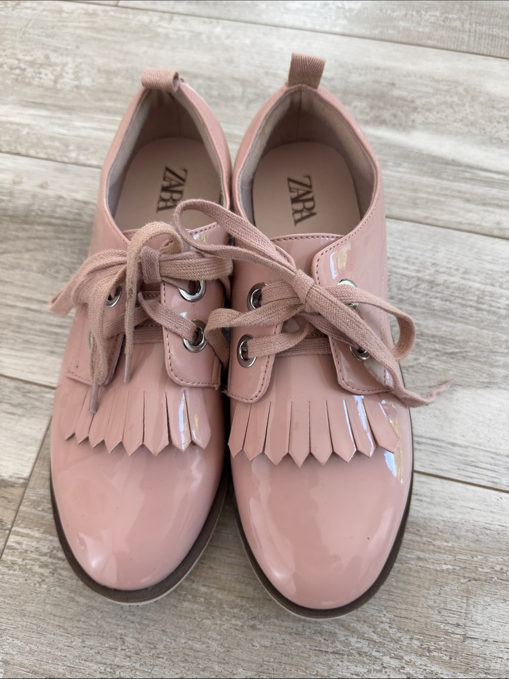 Zara Blush Pink Patent Fringe Lace-Up Flats